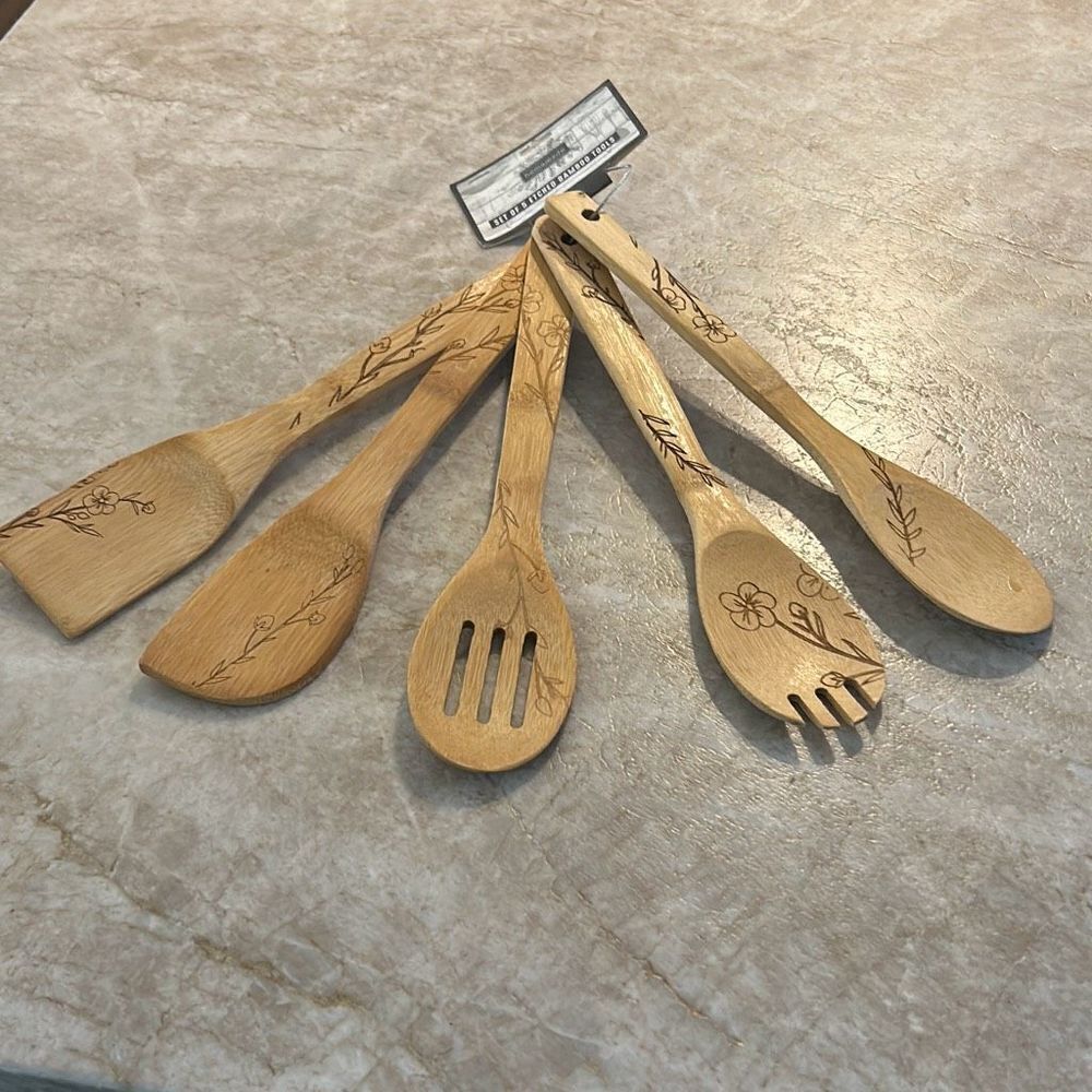 Set of 5 Bamboo Etched Wooden Spoons
